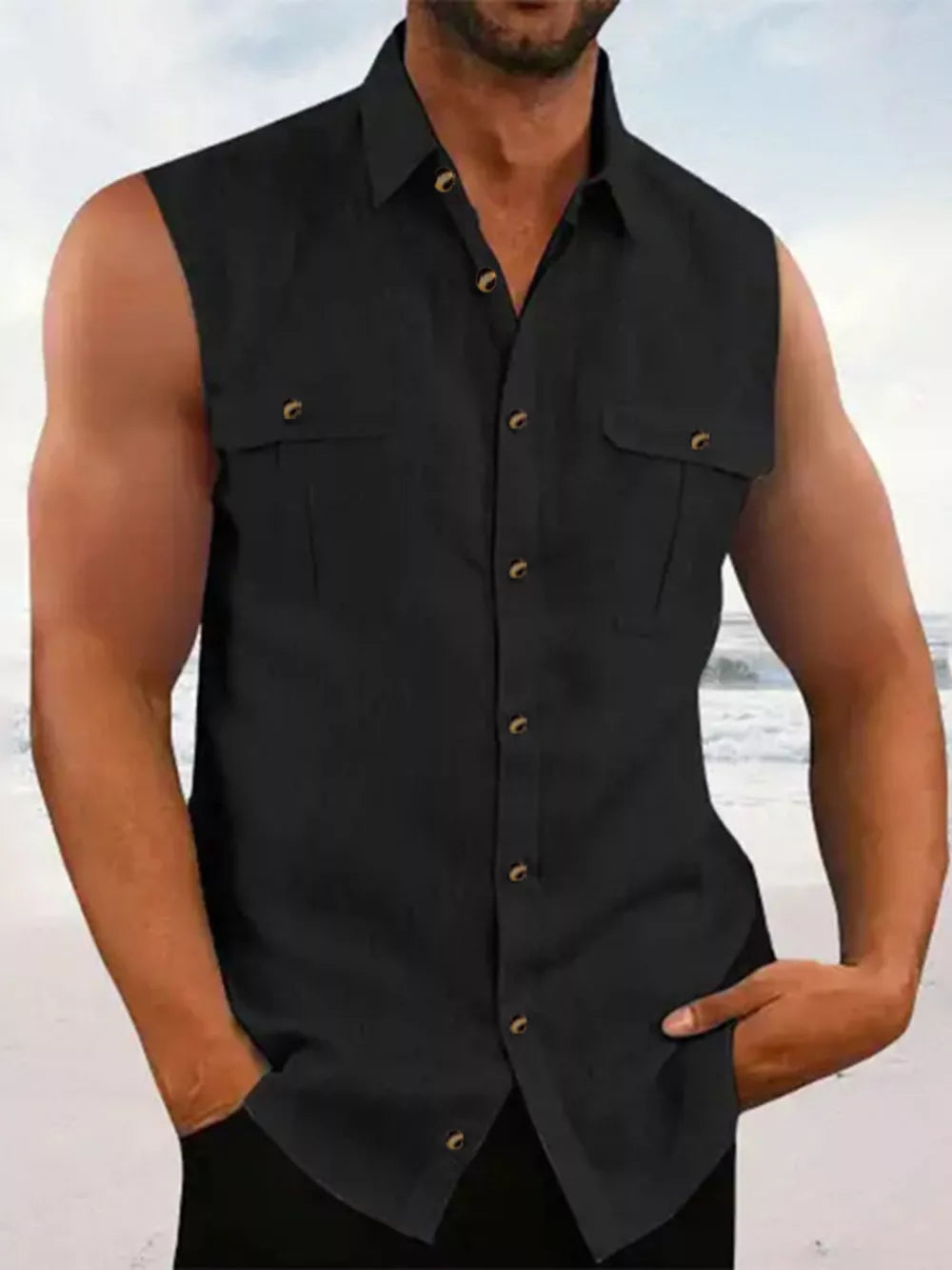 Purple Men's Sleeveless Button-up Shirt With Chest Pockets