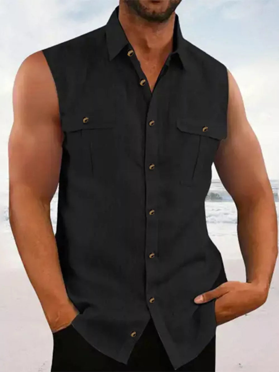 Purple Men's Sleeveless Button-up Shirt With Chest Pockets