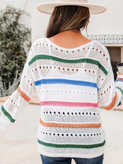 White with Color Block Striped Pointelle Knit Sweater