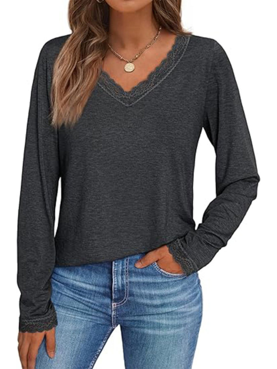 Dark Gray long sleeve t-shirt with lace trim V-neck and cuffs.