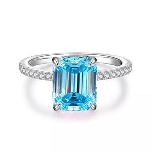 925 Sterling Silver Rectangle Ring With Diamonds in Sky Blue