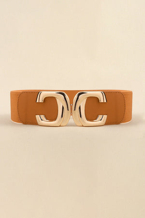 Caramel elastic waist belt with double C gold buckle