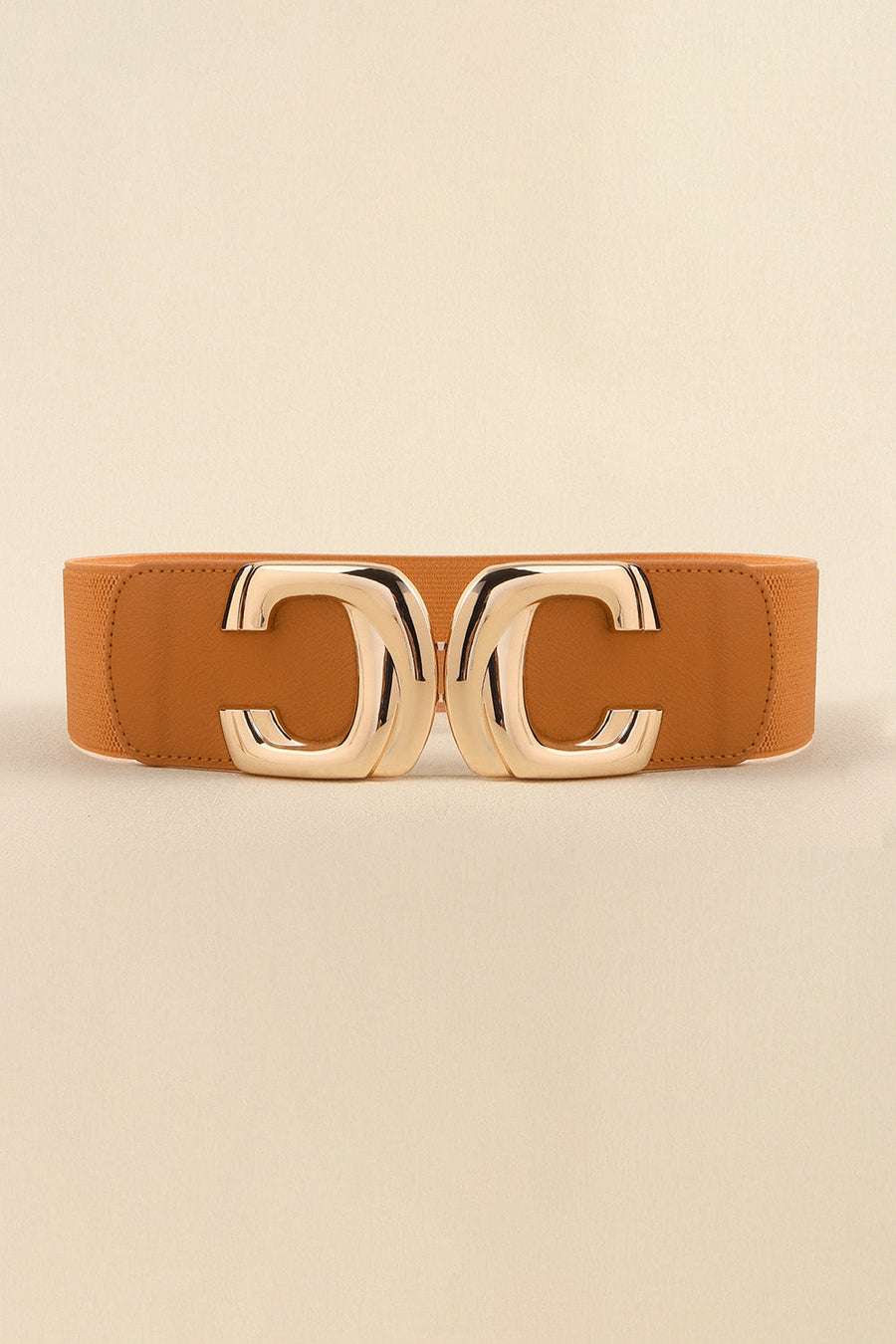 Caramel elastic waist belt with double C gold buckle