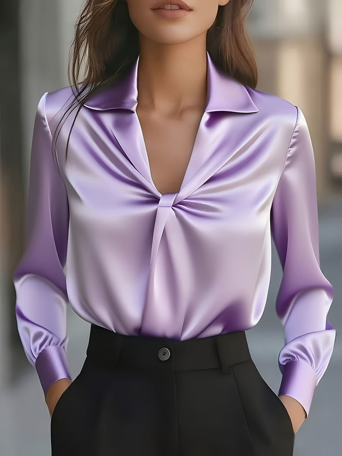 Lavender satin blouse with ruched front and long sleeves.