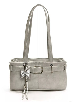 Gray shoulder bag with buckle detail and bow charm