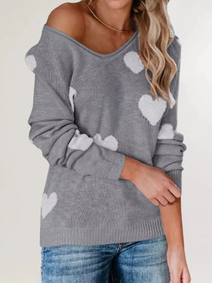 Gray v-neck sweater with ribbed hem and long sleeve