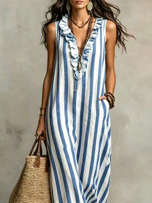 sky blue maxi dress featuring pocketed and striped