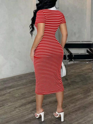 Red and white striped polo midi dress with short sleeves and a buttoned collar.