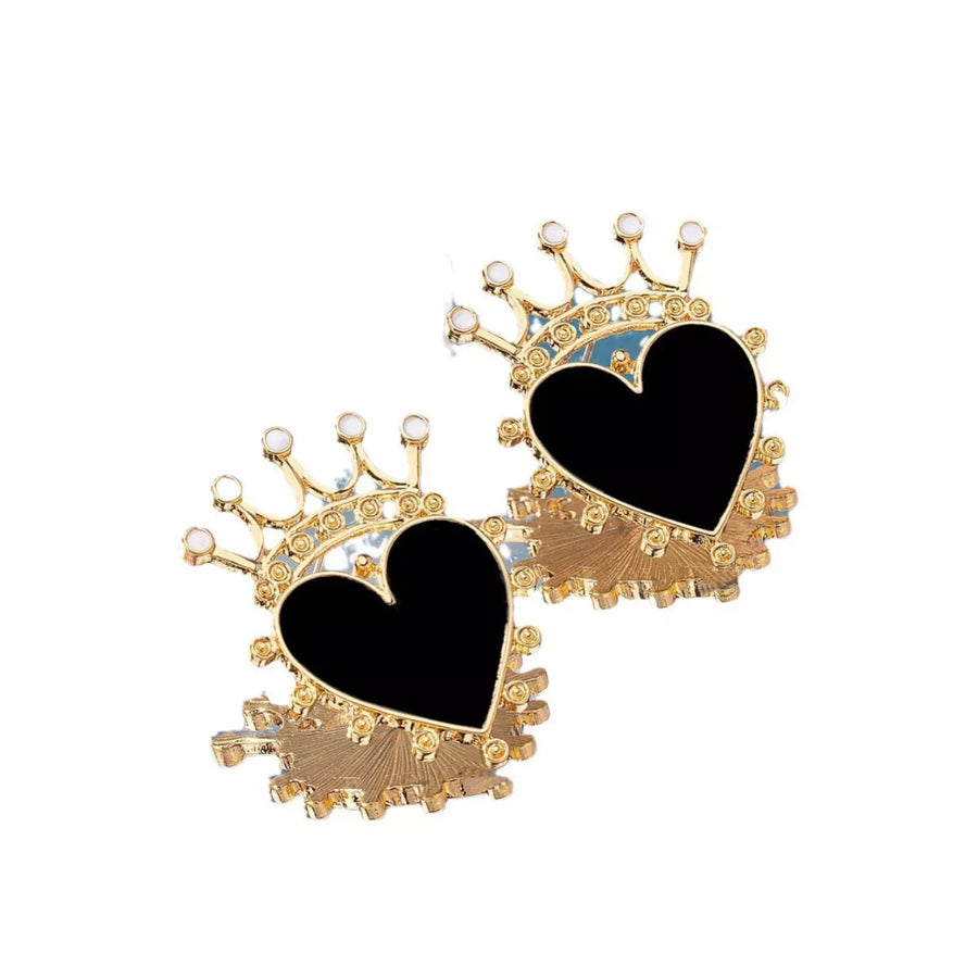 Black heart crown stud earrings with gold metal details.