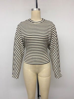 Striped Batwing Sleeve Crew Neck T-Shirt in Black Apricot Color with stretch