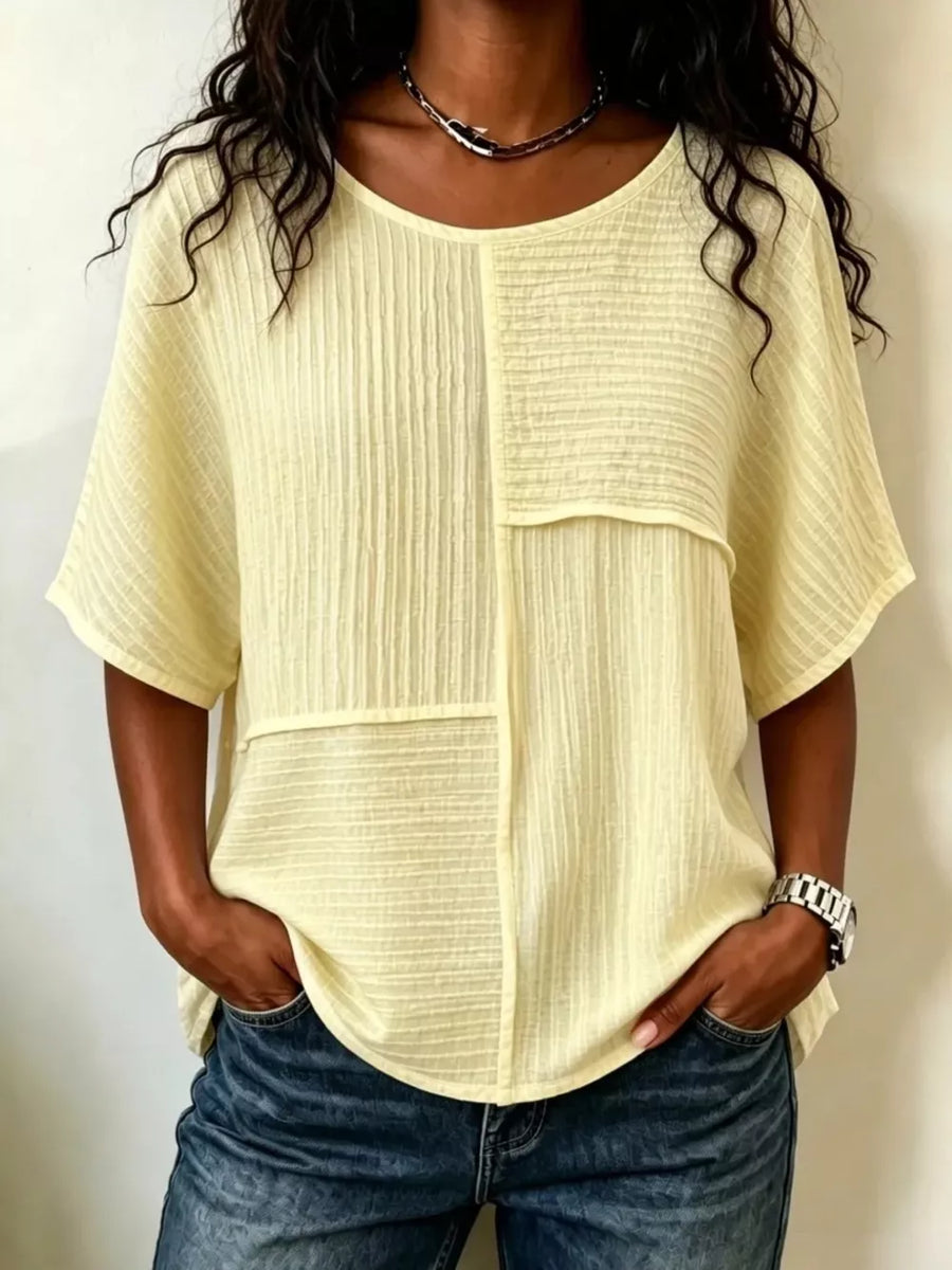 Full Size Texture Round Neck Half Sleeve Blouse in Black
