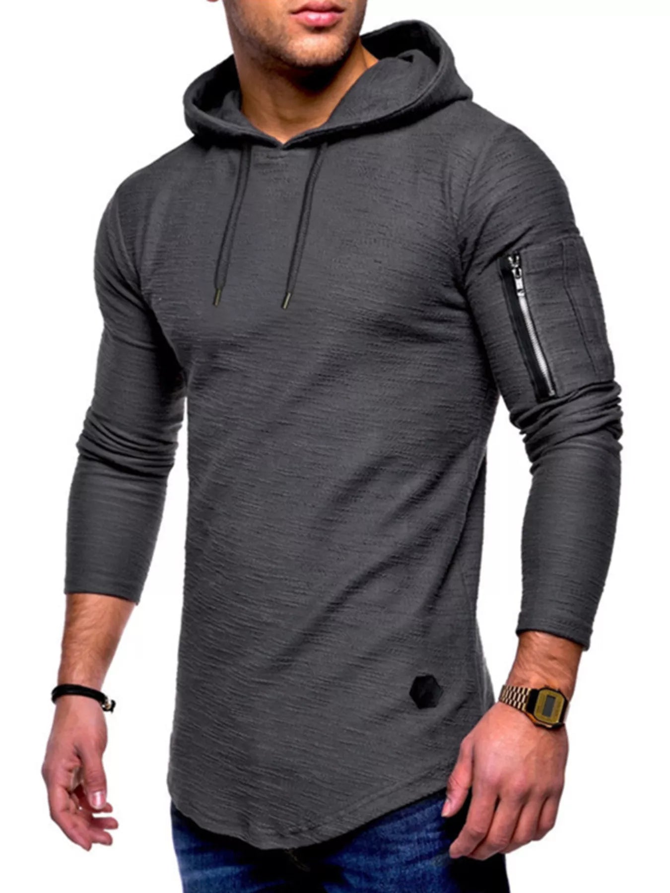 Gray slim fit long-sleeve hoodie with zippered arm pocket and drawstring hood.