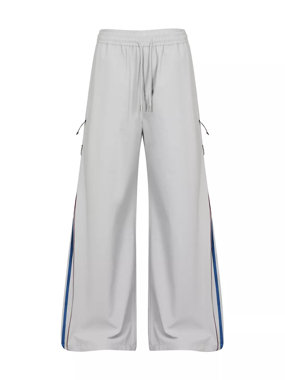 wide-leg pants in light gray featuring drawstring waist and wide-leg fit
