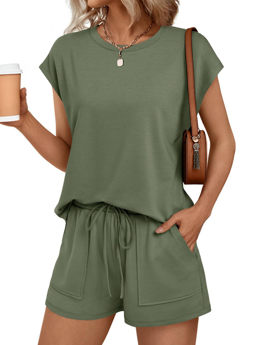 Army green round neck cap sleeve loungewear set with drawstring shorts and pockets.