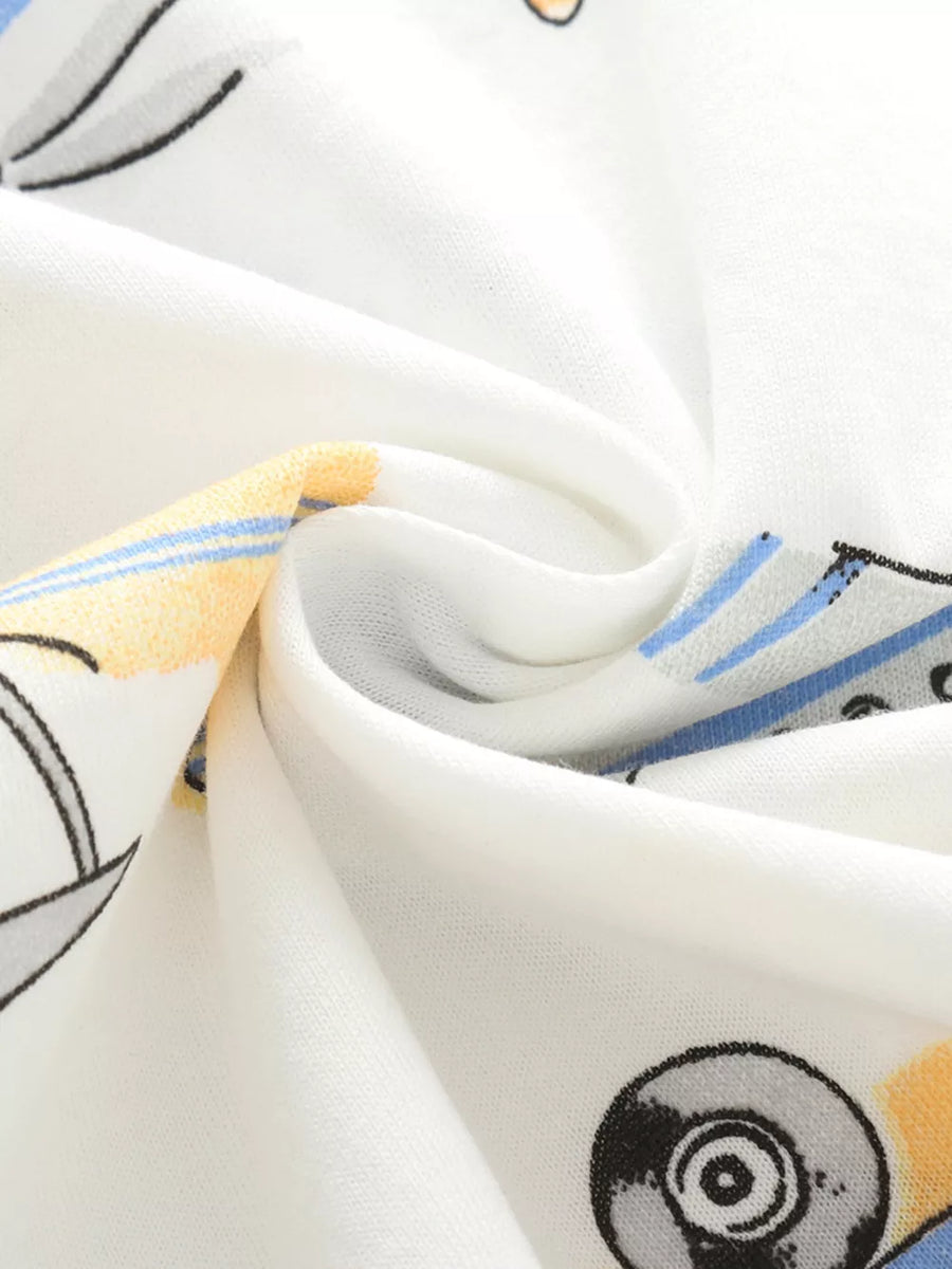 White cotton toddler t-shirt with a blue and yellow vehicle print