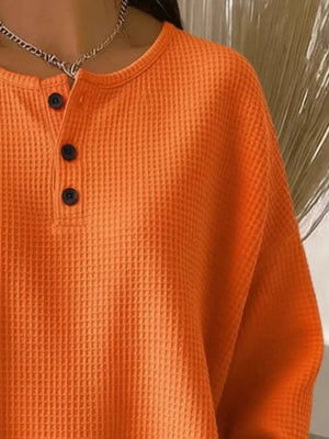 Full Size Waffle Knit Button Detail Top Plus Size in Orange