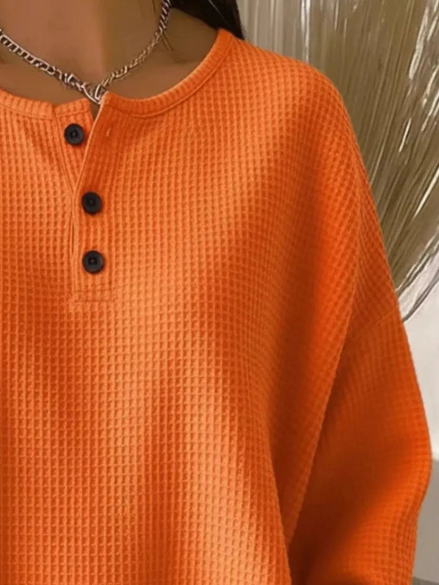 Full Size Waffle Knit Button Detail Top Plus Size in Orange