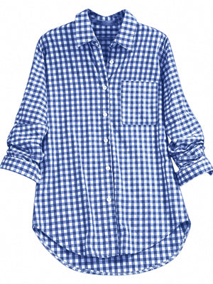 red button-down shirt featuring pocketed and gingham