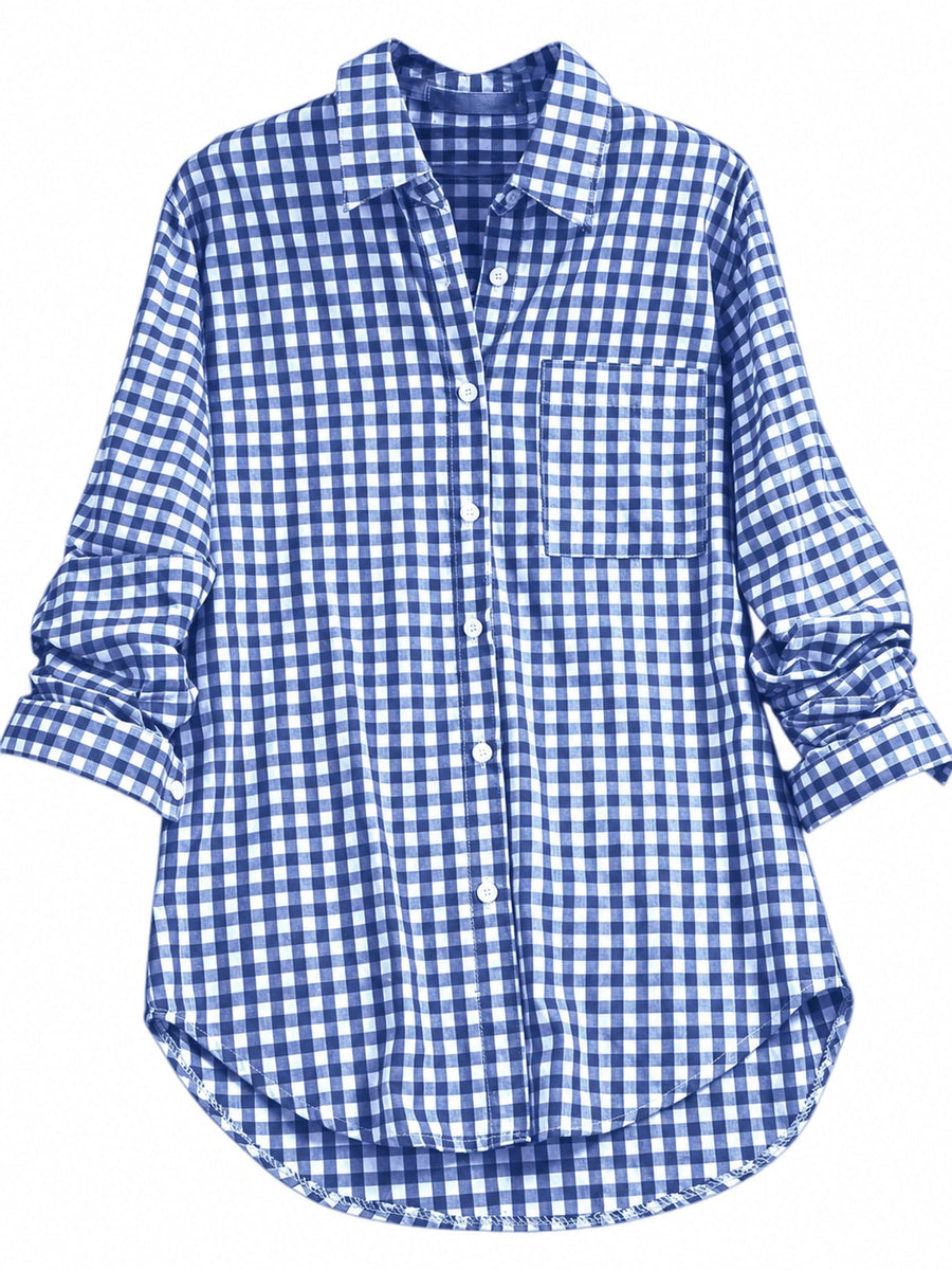 red button-down shirt featuring pocketed and gingham