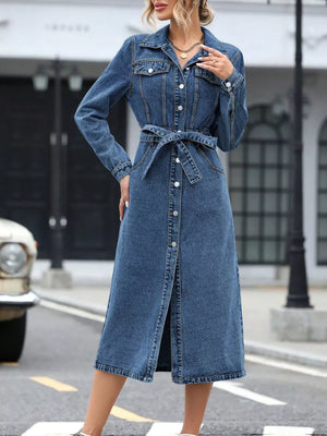 Light Blue with Belted Long Sleeve Denim Dress in Light Blue