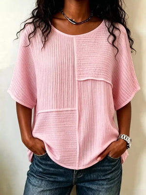 Red Full Size Texture Round Neck Half Sleeve Blouse