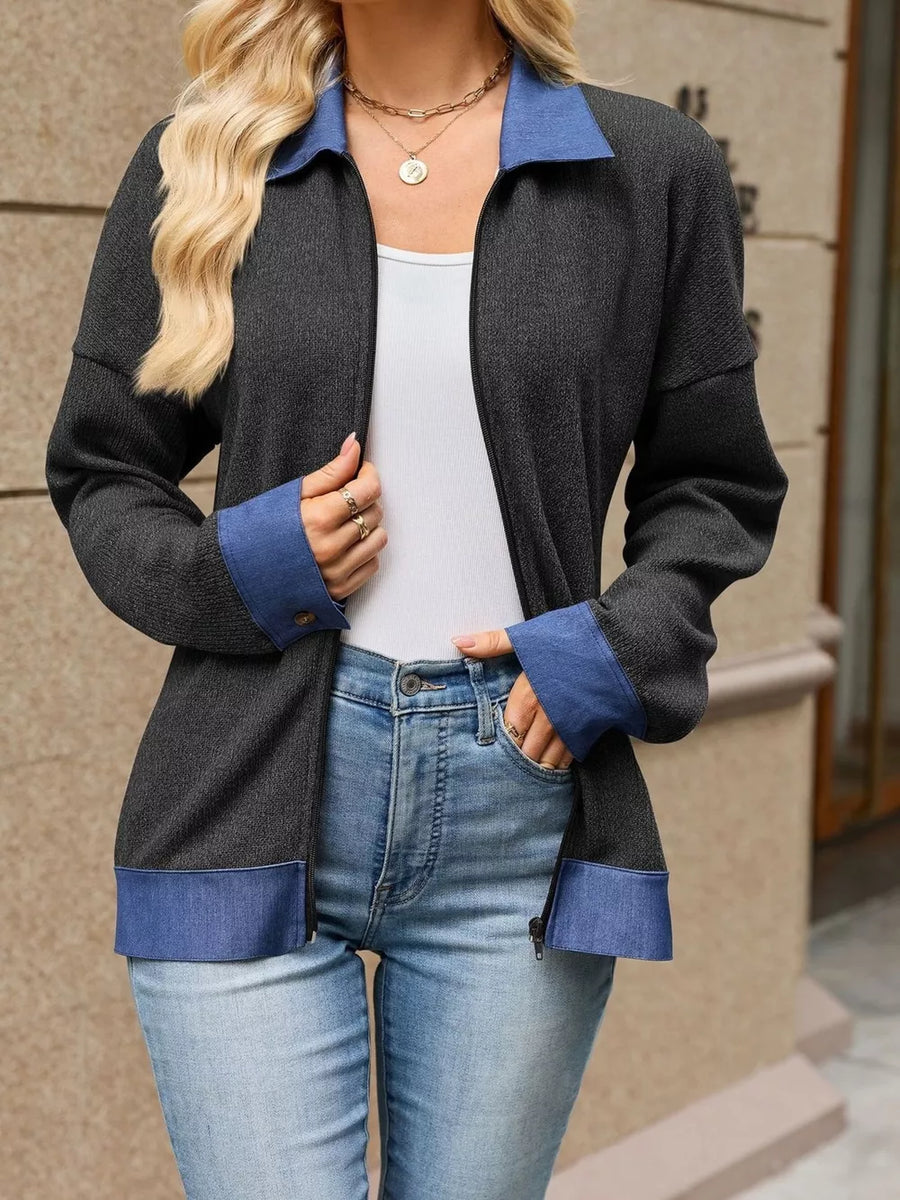 taupe zip-up sweater with contrast collar and long sleeve