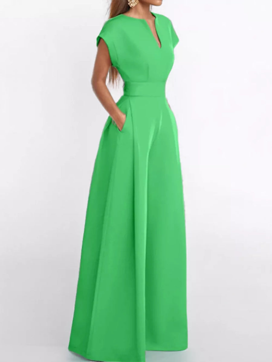 Chic neon green wide-leg romper with V-neck, cap sleeves, and pockets.