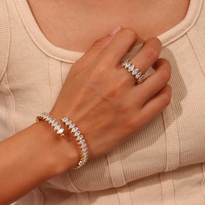18K Gold-Plated Zircon Bracelet And Ring Set in gold with zircon embellishment