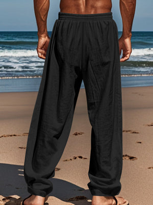 Gray wide-leg pants with full-length and drawstring