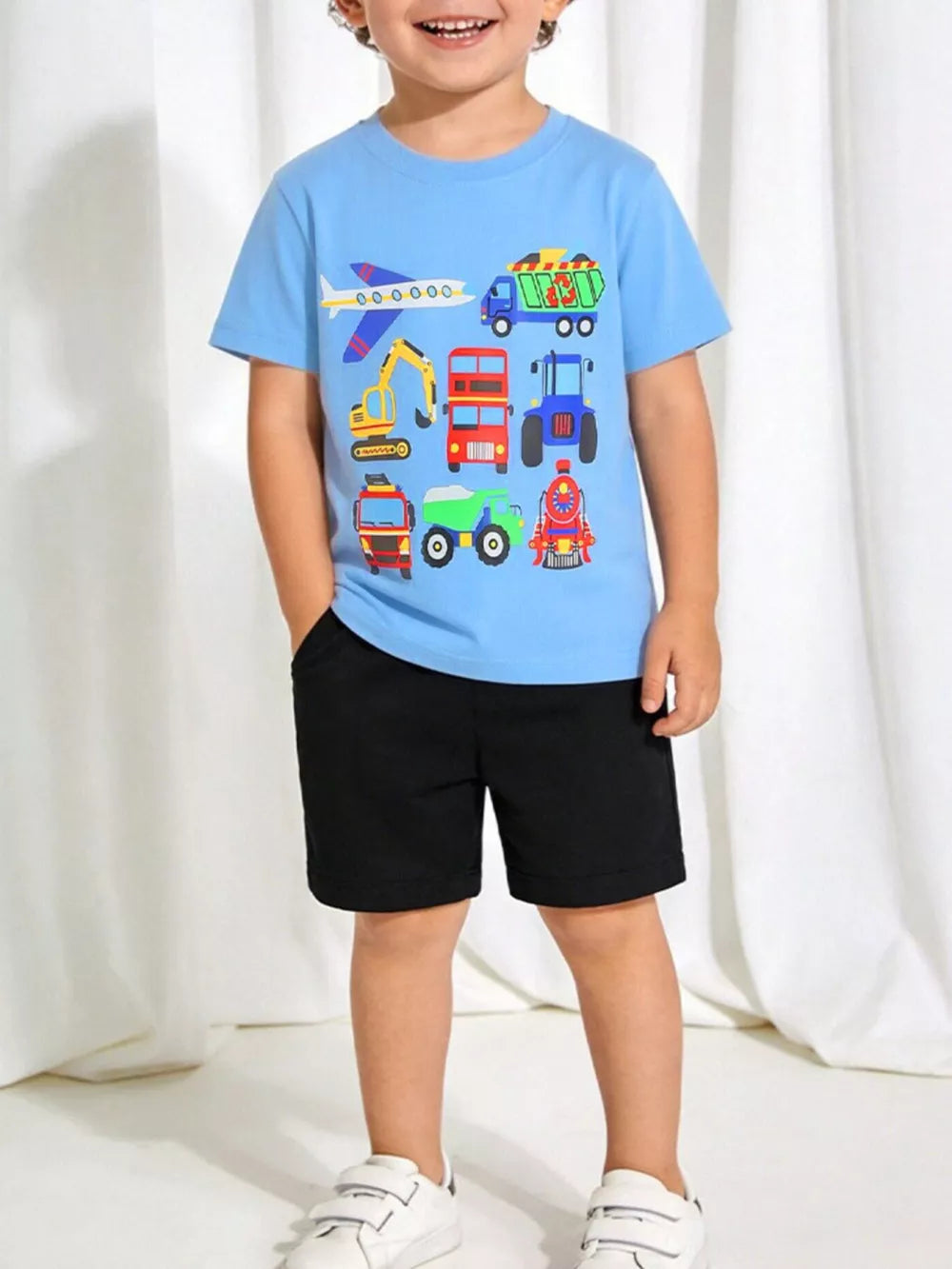 Blue 100% cotton t-shirt with playful cartoon vehicles print for toddlers