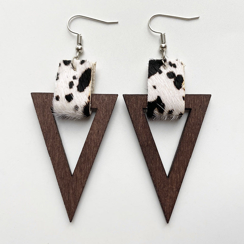 Leopard print & wood triangle earrings with hook backs