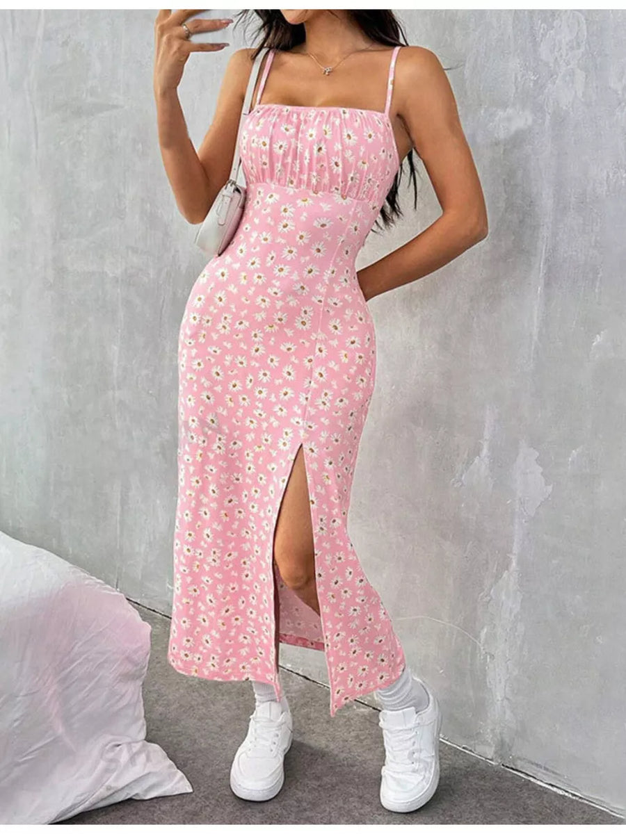 Dusty Pink floral spaghetti strap midi dress with ruched bodice and thigh slit.
