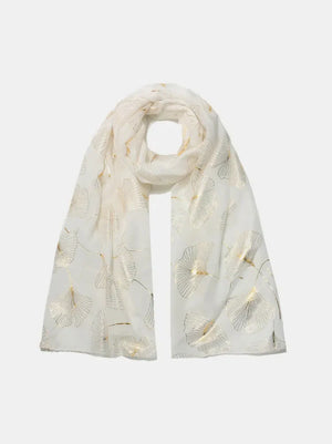 White scarf with gilded ginkgo leaf pattern