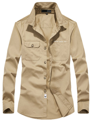 button-up shirt in khaki featuring buttoned and regular fit