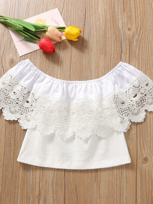 White off-shoulder cotton top with lace overlay and ruffled sleeves.