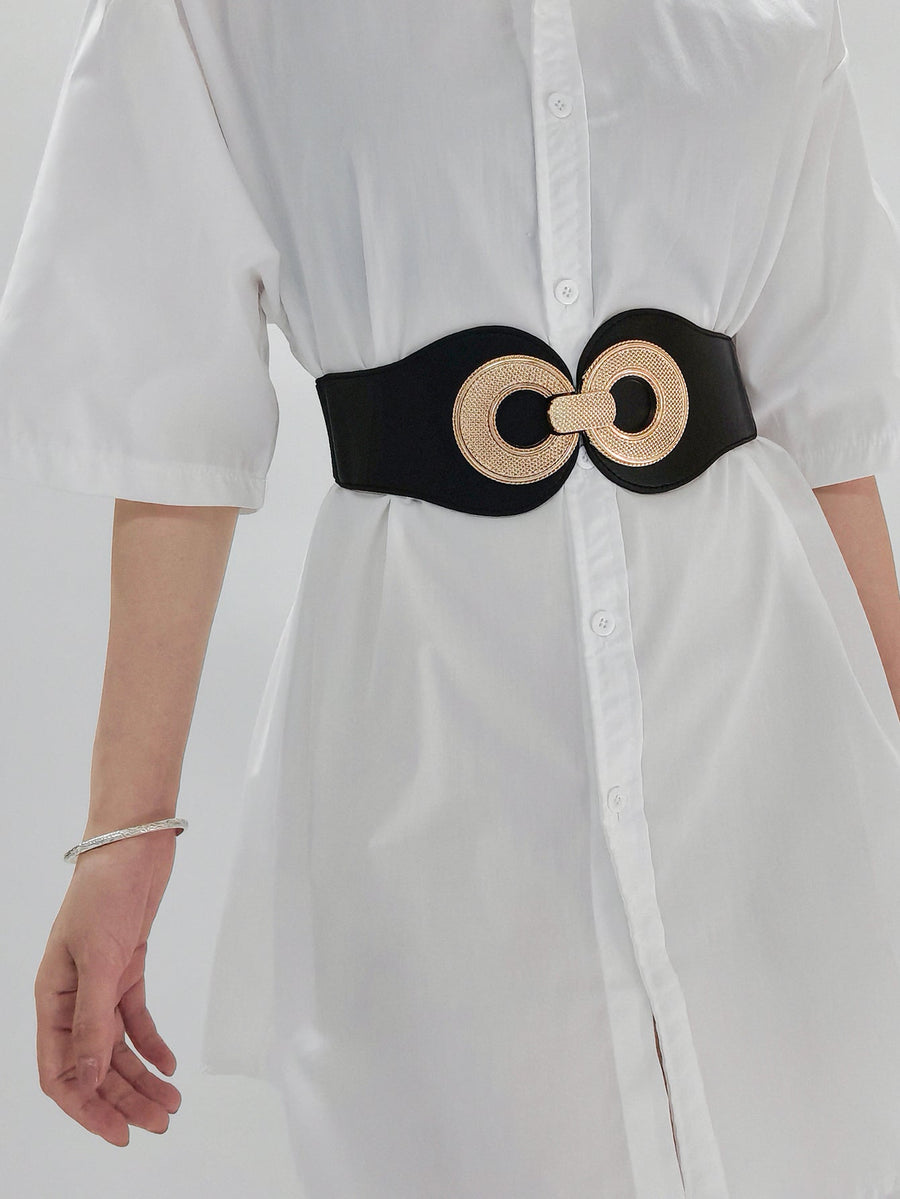 Black elastic waist cincher belt with gold metal interlocking circles detail