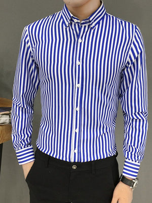 Men's long sleeve button-up shirt in blue and white vertical stripes, cotton.