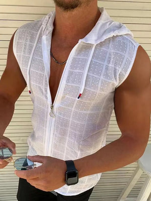 White textured sleeveless zip-up hooded vest with a subtle grid pattern.