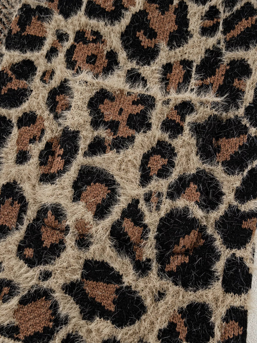Casual leopard print fuzzy knit cardigan with pockets
