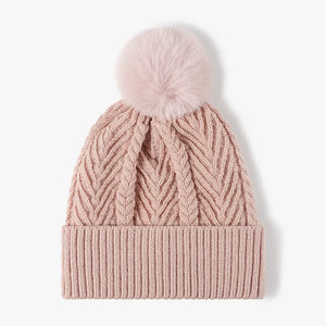 Dusty Pink chevron knit beanie with pom and ribbed cuff