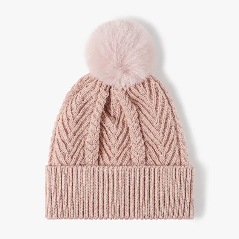 Dusty Pink chevron knit beanie with pom and ribbed cuff