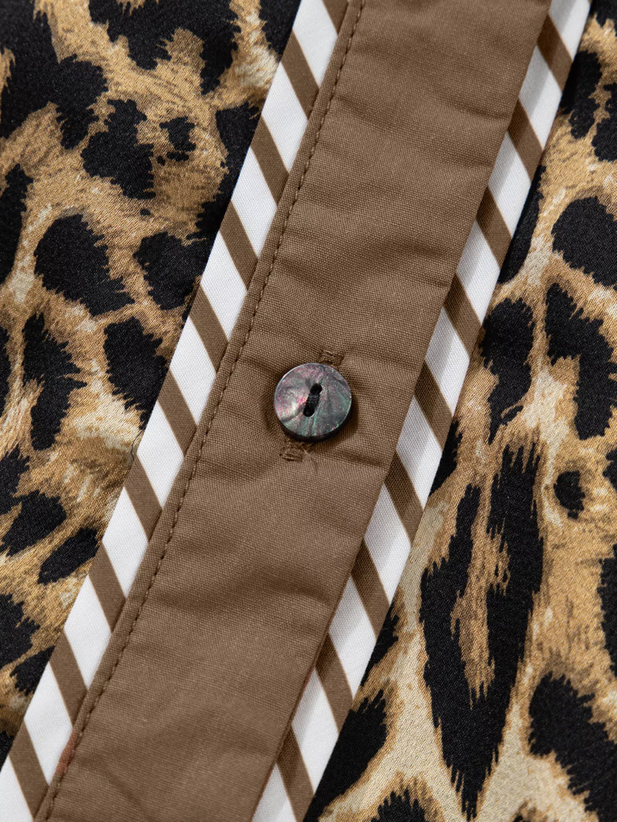 Chic leopard print two-piece set with buttoned shirt detail and striped trim.