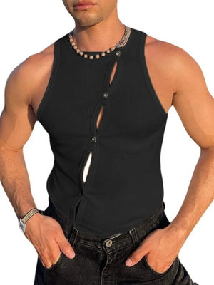 Black ribbed tank top with asymmetric button-up detail and cutouts.
