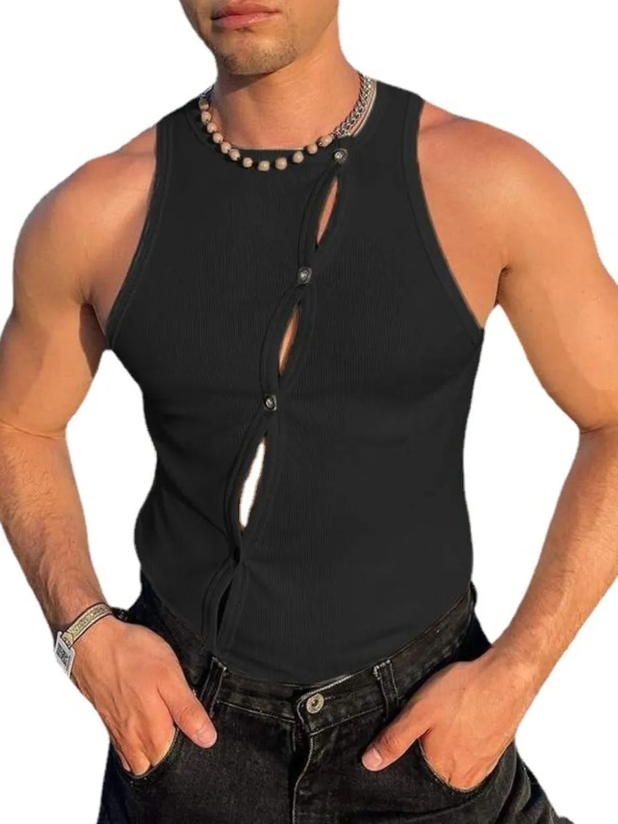 Black ribbed tank top with asymmetric button-up detail and cutouts.