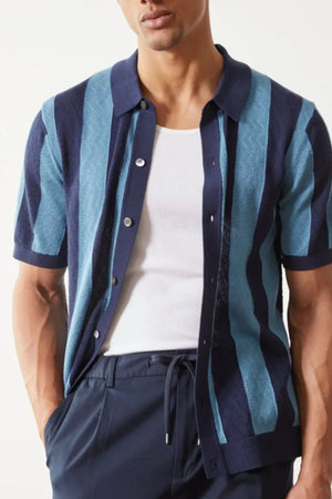 Men's navy and blue striped button-up shirt with short sleeves and a collar.
