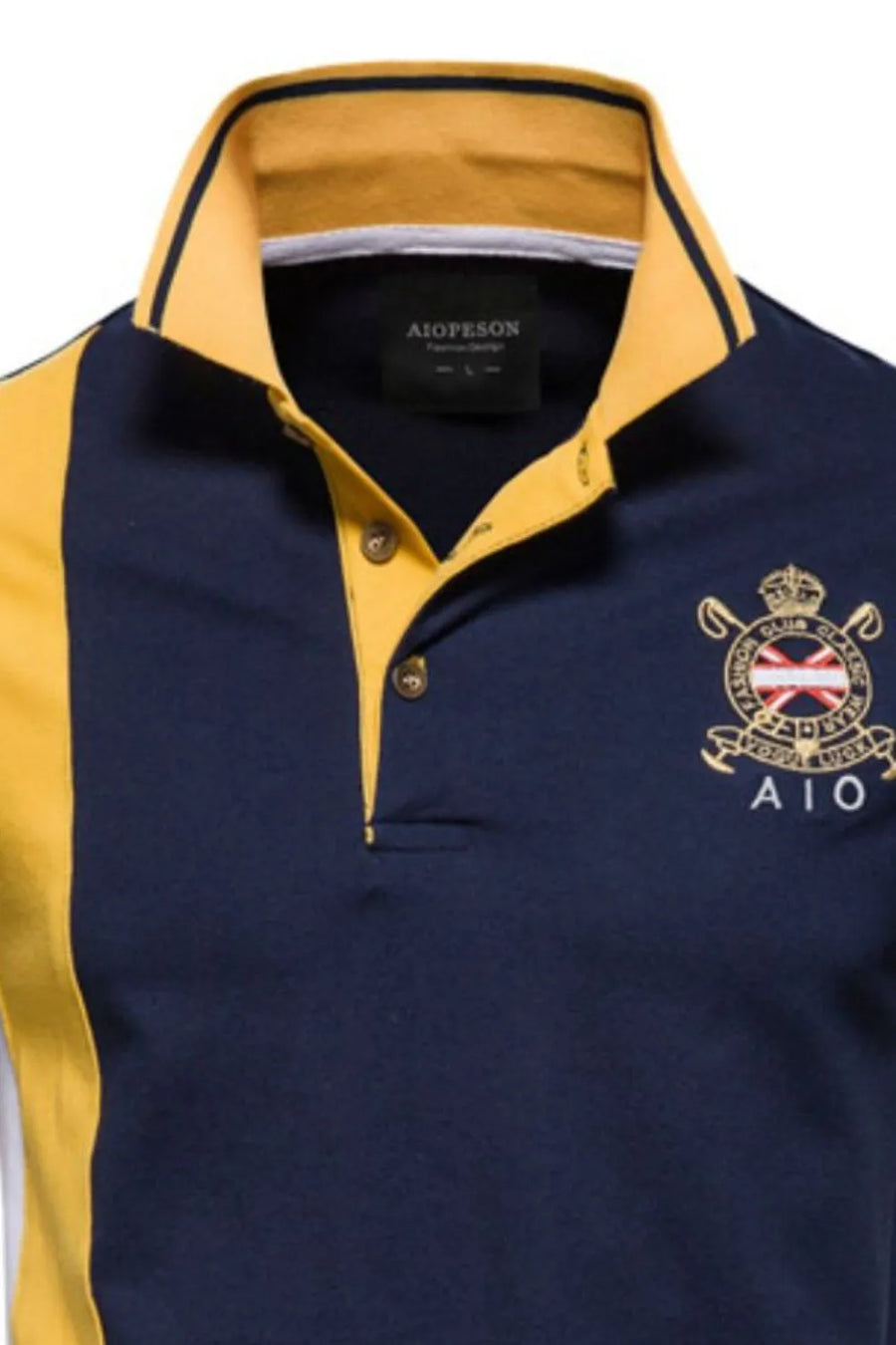 Colorblock polo shirt in navy and yellow with embroidered crest detail.