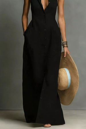 Black sleeveless maxi dress with button front and pockets