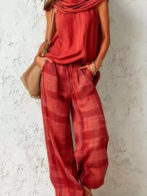 two-piece set featuring plaid in Khaki with 100% polyester Care instructions: Machine wash cold texture