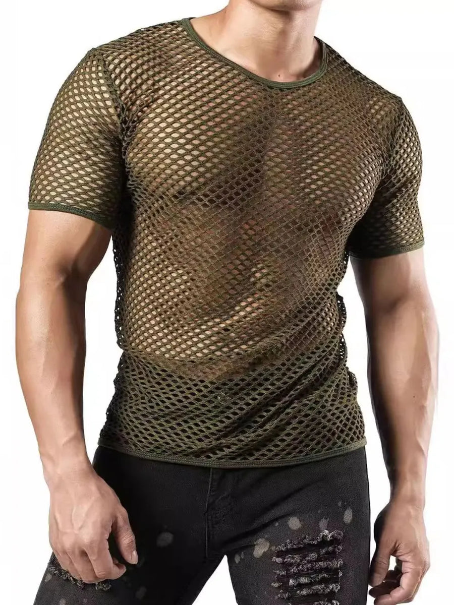 Army green mesh knit crew neck tee with short sleeves.