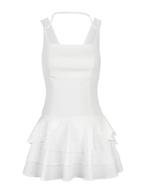 White mini dress with square neckline, fitted bodice and tiered ruffled hem.